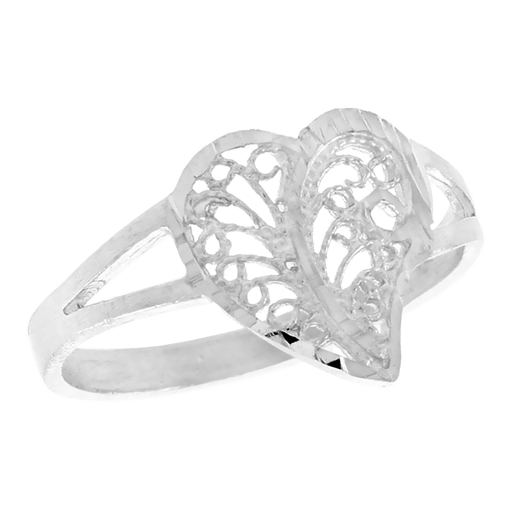 Sterling Silver Filigree Heart Ring for Women 1/2 inch Long