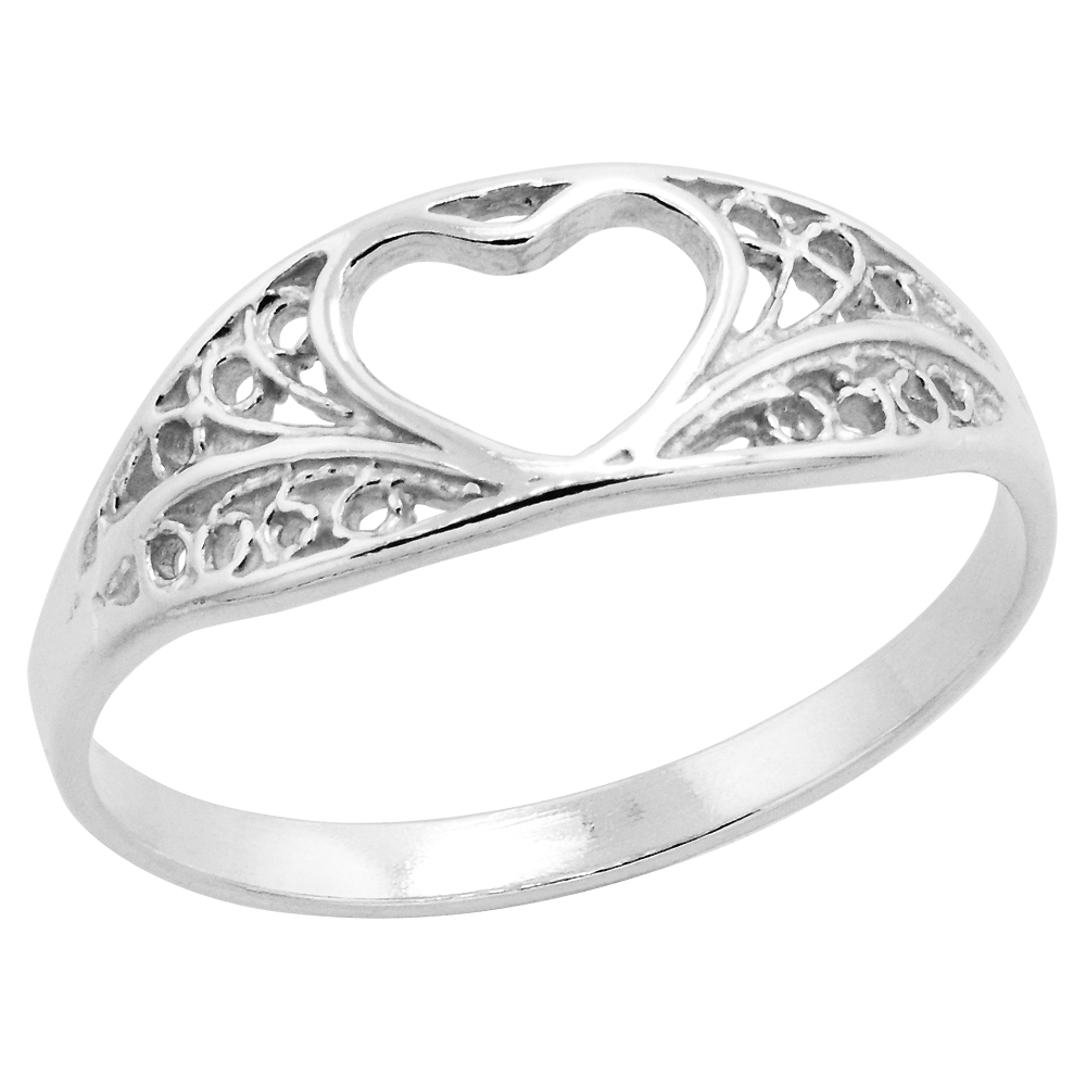 Sterling Silver Heart Cut-out Filigree Ring for Women 5/16 inch Long