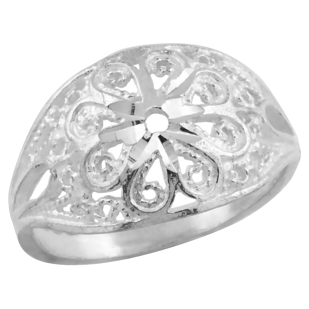 Sterling Silver Flower Filigree Ring for Women 1/2 inch Long