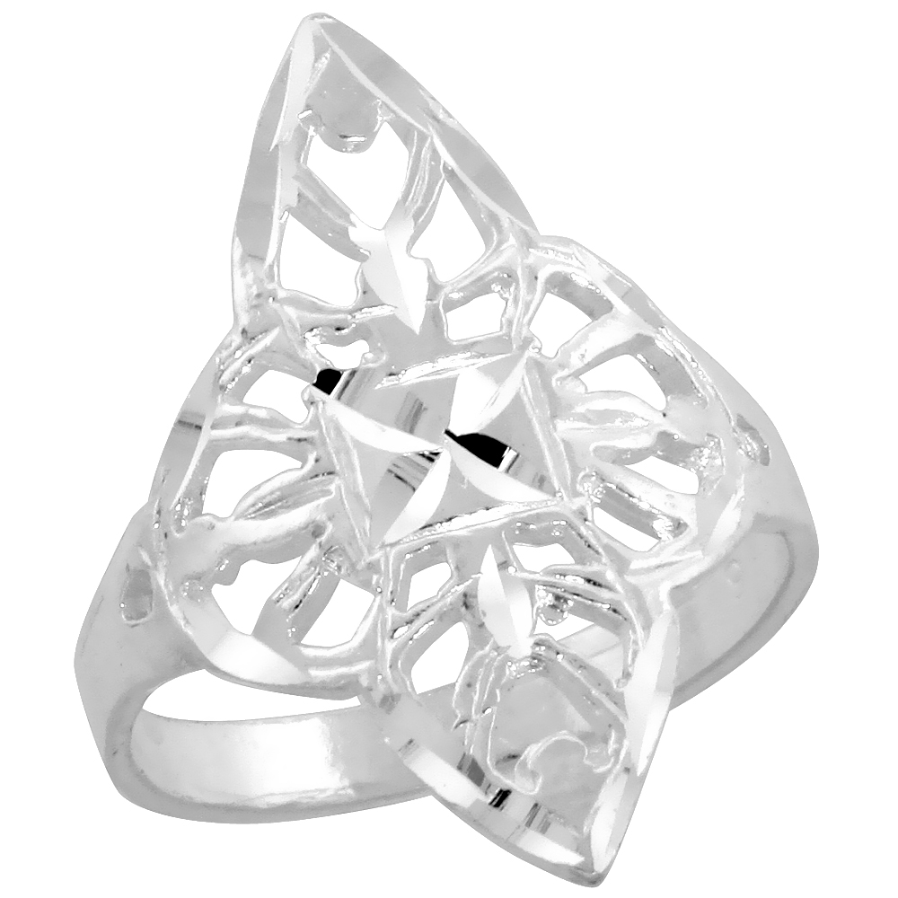 Sterling Silver Filigree Diamond-shaped Floral Ring for Women 1 inch Long