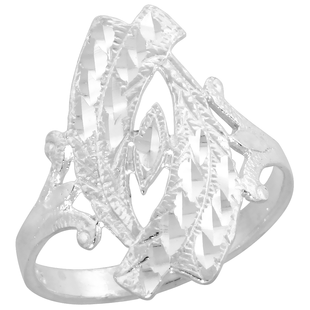 Sterling Silver Filigree Navette-shaped Diamond Cut Ring for Women 7/8 inch Long