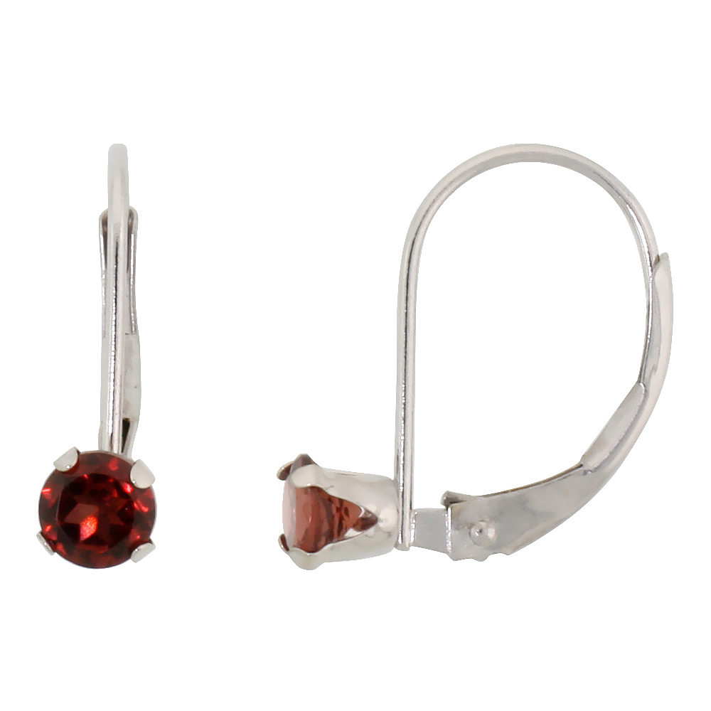 10k White Gold Natural Garnet Leverback Earrings 1/2 ct Brilliant Cut January Birthstone 9/16 inch long