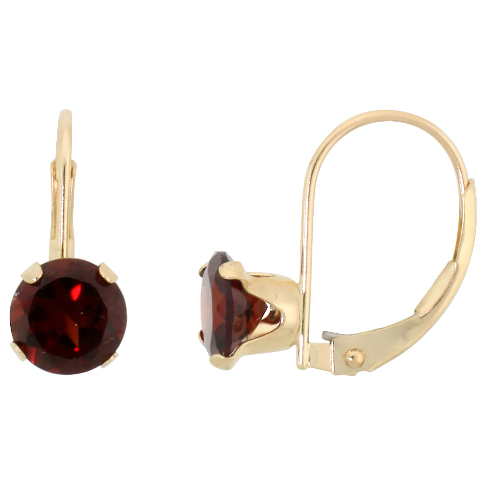 10k Yellow Gold Natural Garnet Leverback Earrings 6mm Brilliant Cut January Birthstone 9/16 inch long