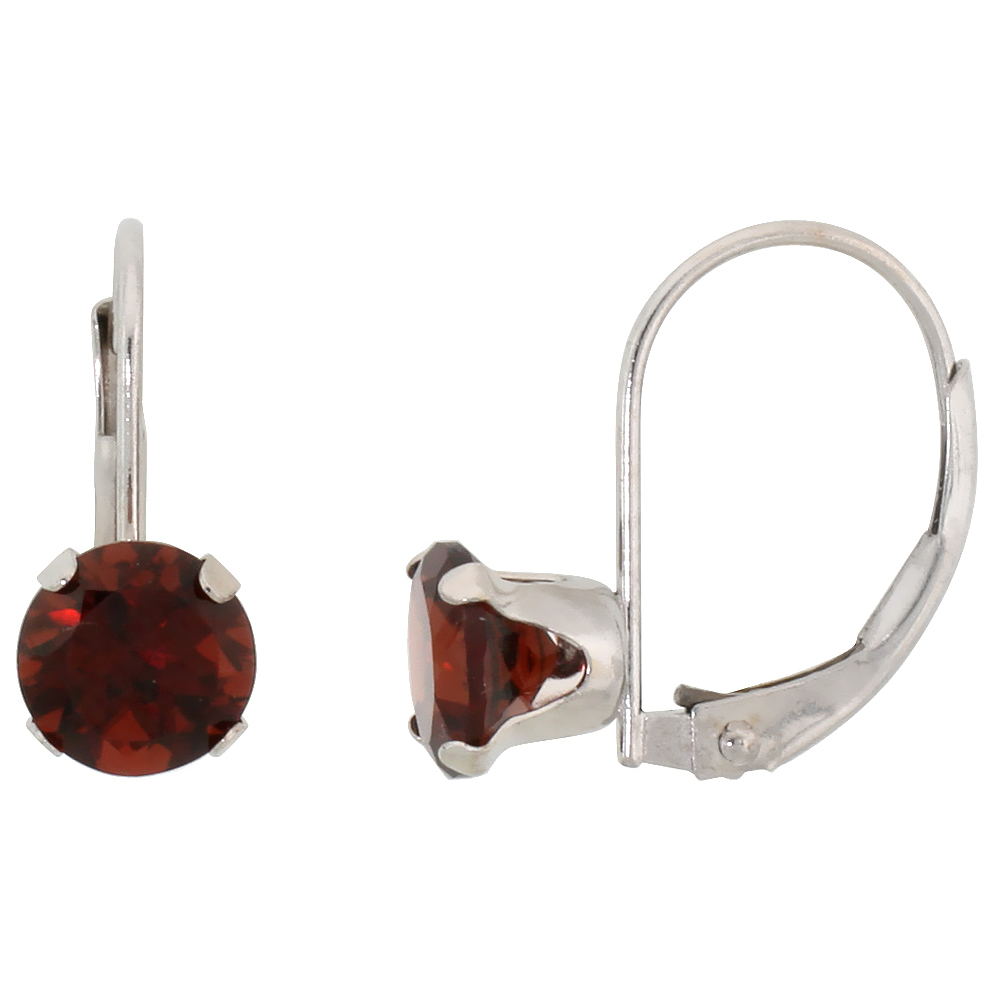10k White Gold Natural Garnet Leverback Earrings 6mm Brilliant Cut January Birthstone 9/16 inch long