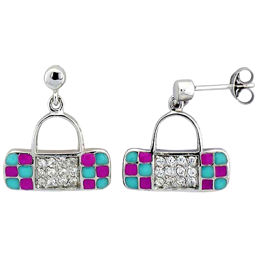 Sterling Silver Purse Earrings Dangle Post Pink & Blue Enamel CZ Stones Rhodium finish, 5/8 inch