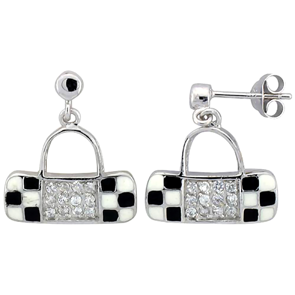 Sterling Silver Purse Earrings Dangle Post Black & White Enamel CZ Stones Rhodium finish, 5/8 inch