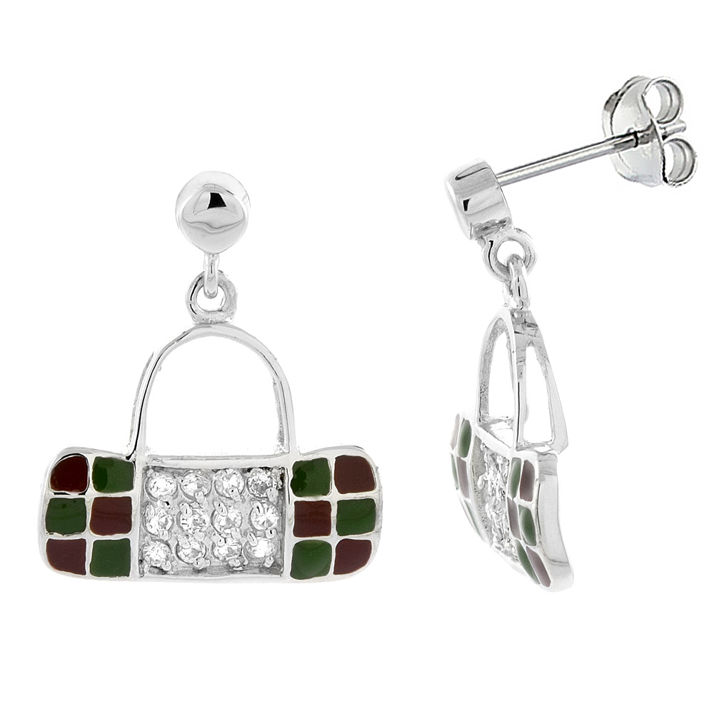 Sterling Silver Purse Earrings Dangle Post Green & Red Enamel CZ Stones Rhodium finish, 5/8 inch