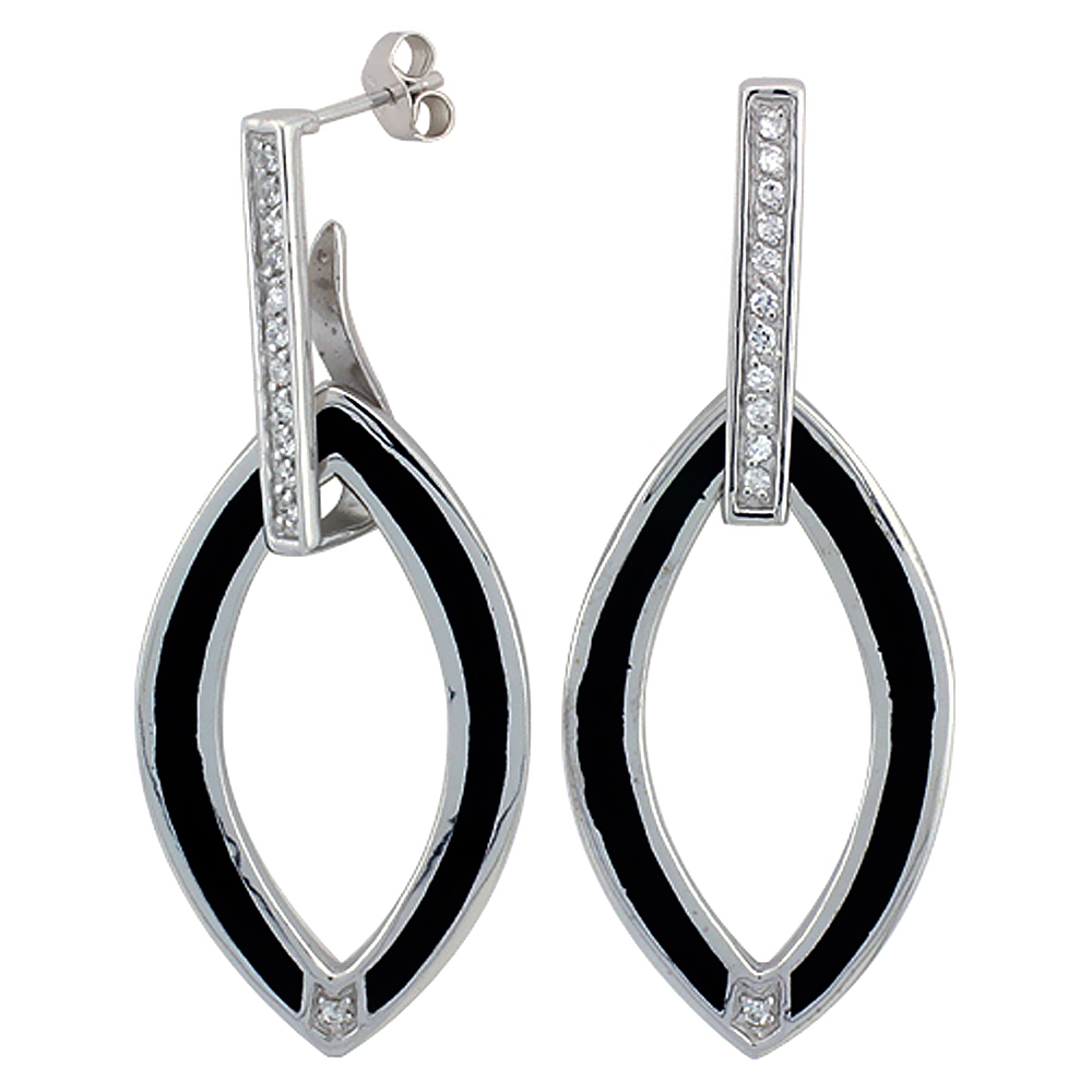 Sterling Silver Cubic Zirconia Bar Black Marquise Open Design Resin Earrings, 13/16 inch wide