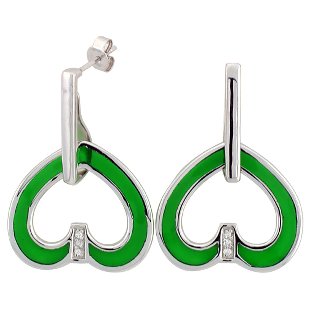 Sterling Silver Cubic Zirconia Green Heart Resin Earrings, 15/16 inch wide