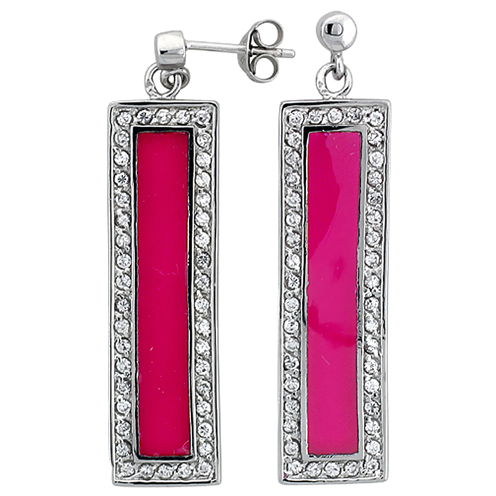 Sterling Silver Cubic Zirconia Red Bar Resin Earrings, 7/16 inch wide