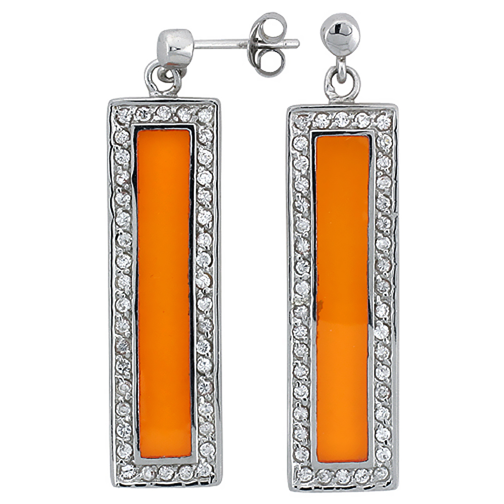 Sterling Silver Cubic Zirconia Yellow Bar Resin Earrings, 7/16 inch wide
