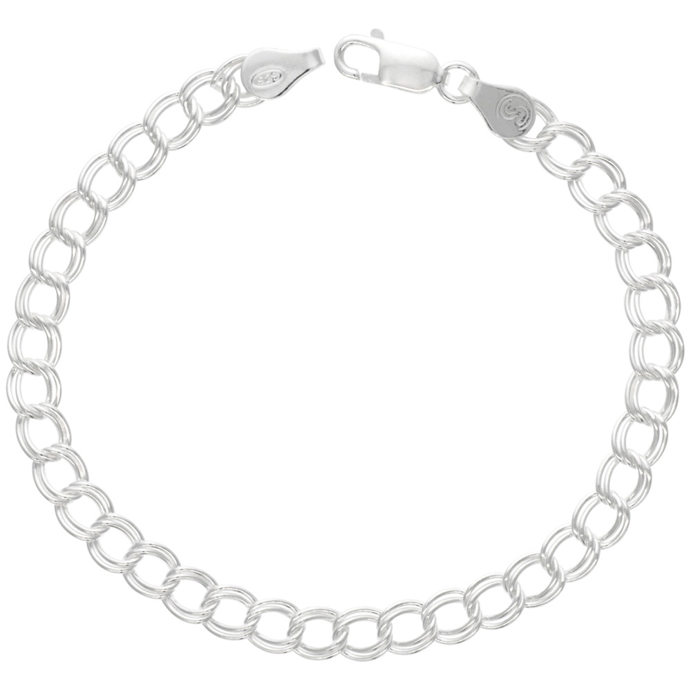 Sterling Silver Anklet Double Curb Charm Link 5.3mm Nickel Free Italy, 9.5 inch