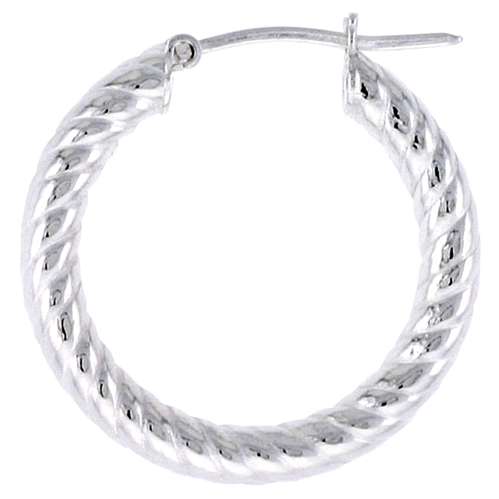 Small Sterling Silver 3/4 inch Twisted Hoop Earrings for Women Click Top 3mm Tube Spiral Groove 20mm Round Italy
