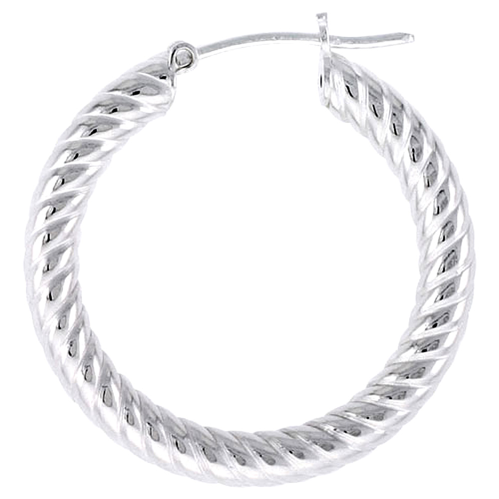 Sterling Silver 1 inch Twisted Hoop Earrings for Women Click Top 3mm Tube Spiral Groove 25mm Round Italy