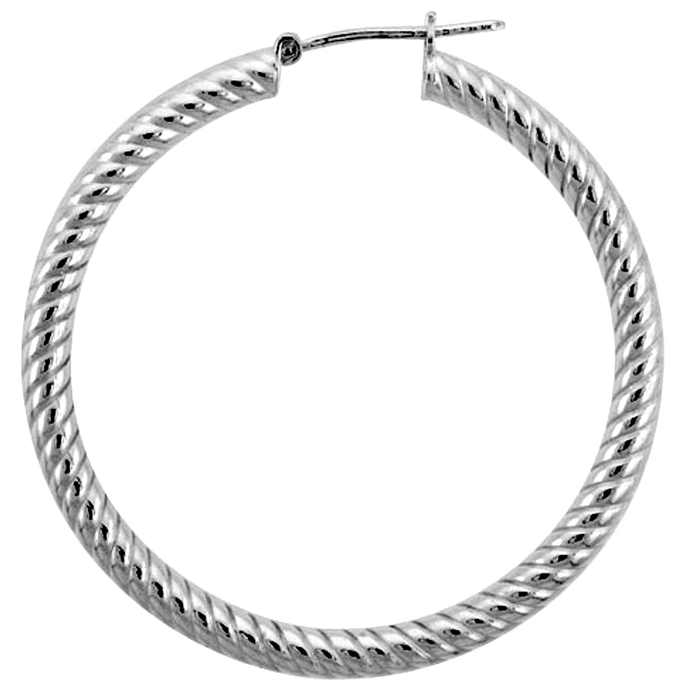 Large Sterling Silver 1 1/2 inch Twisted Hoop Earrings for Women Click Top 3mm Tube Spiral Groove 40mm Round Italy