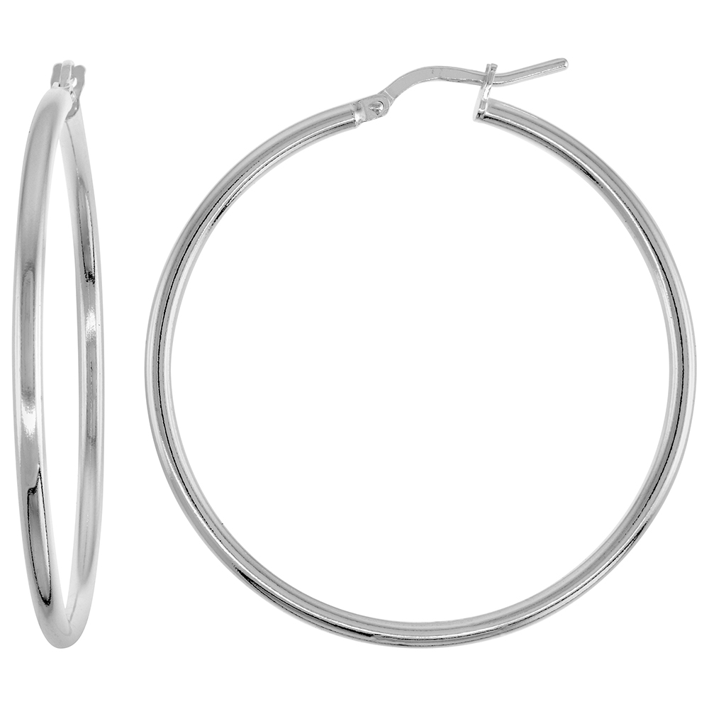 Sterling Silver Italian Hoop Earrings 2mm thin 1 5/8 inch round