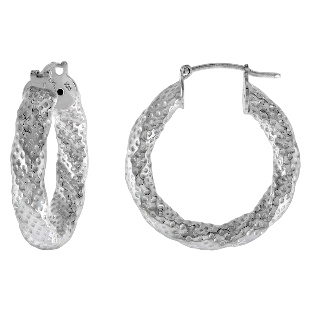 Sterling Silver 1 inch Hoop Earrings for Women Click Top Dotted Texture Thick Twisted 5mm Tube 24mm Round Italy