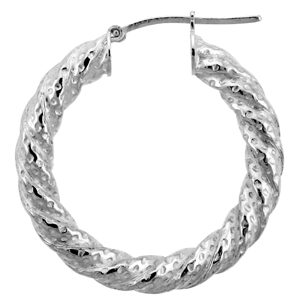 Sterling Silver 1 1/8 inch Hoop Earrings for Women Click Top Dotted Texture Thick Twisted 5mm Tube 28mm Round Italy