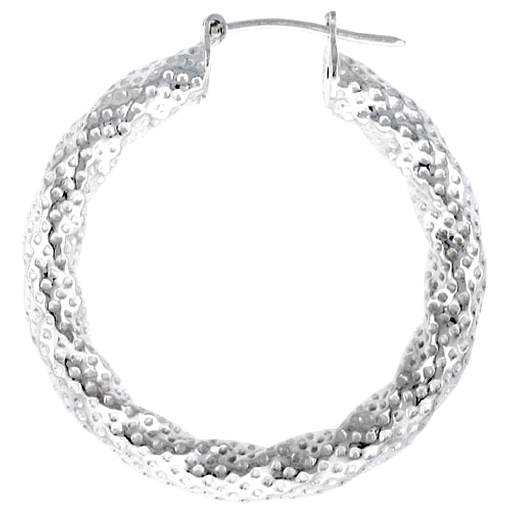 Sterling Silver 1 1/4 inch Hoop Earrings for Women Click Top Dotted Texture Thick Twisted 5mm Tube 32mm Round Italy