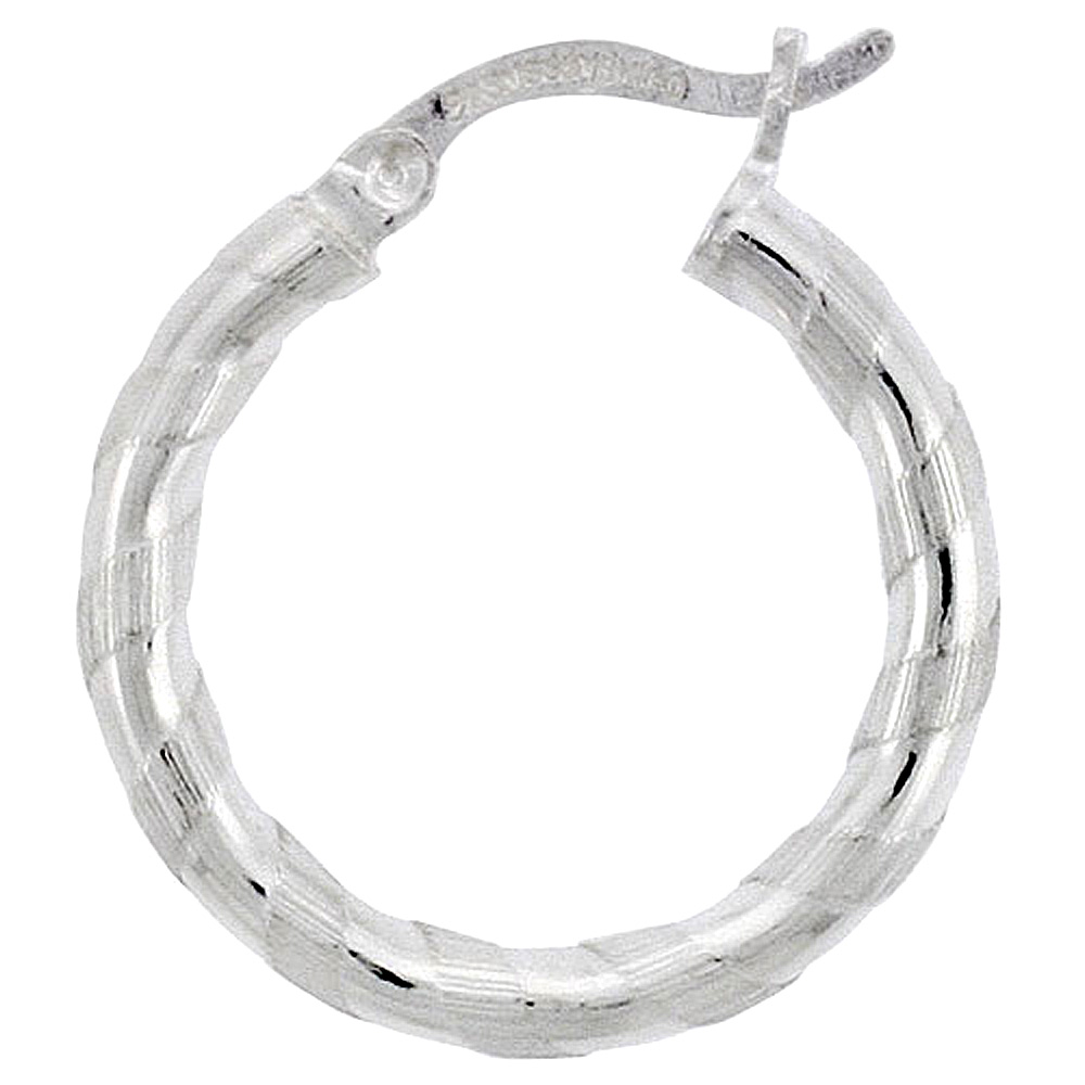 Sterling Silver 3/4 inch Diamond Cut Hoop Earrings for Women 3mm Tube Candy Stripe Pattern 20mm Round Italy