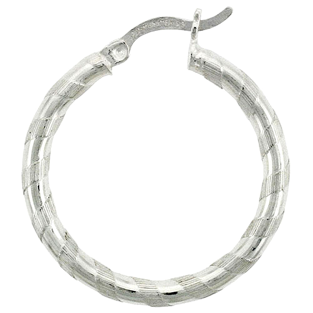 Sterling Silver 7/8 inch Diamond Cut Hoop Earrings for Women 3mm Tube Candy Stripe Pattern 22mm Round Italy
