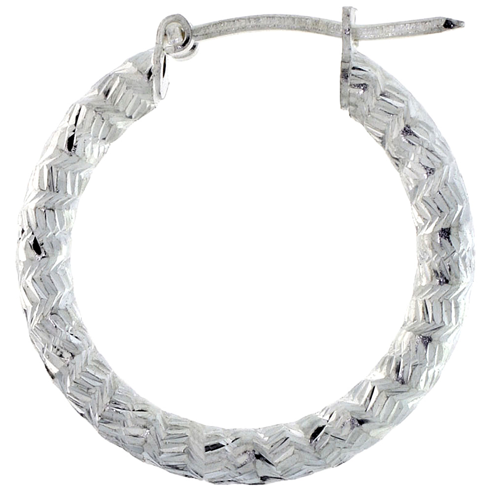 Sterling Silver 7/8 inch Diamond Cut Hoop Earrings for Women 3mm Tube Short Zigzag Pattern 22mm Round Italy