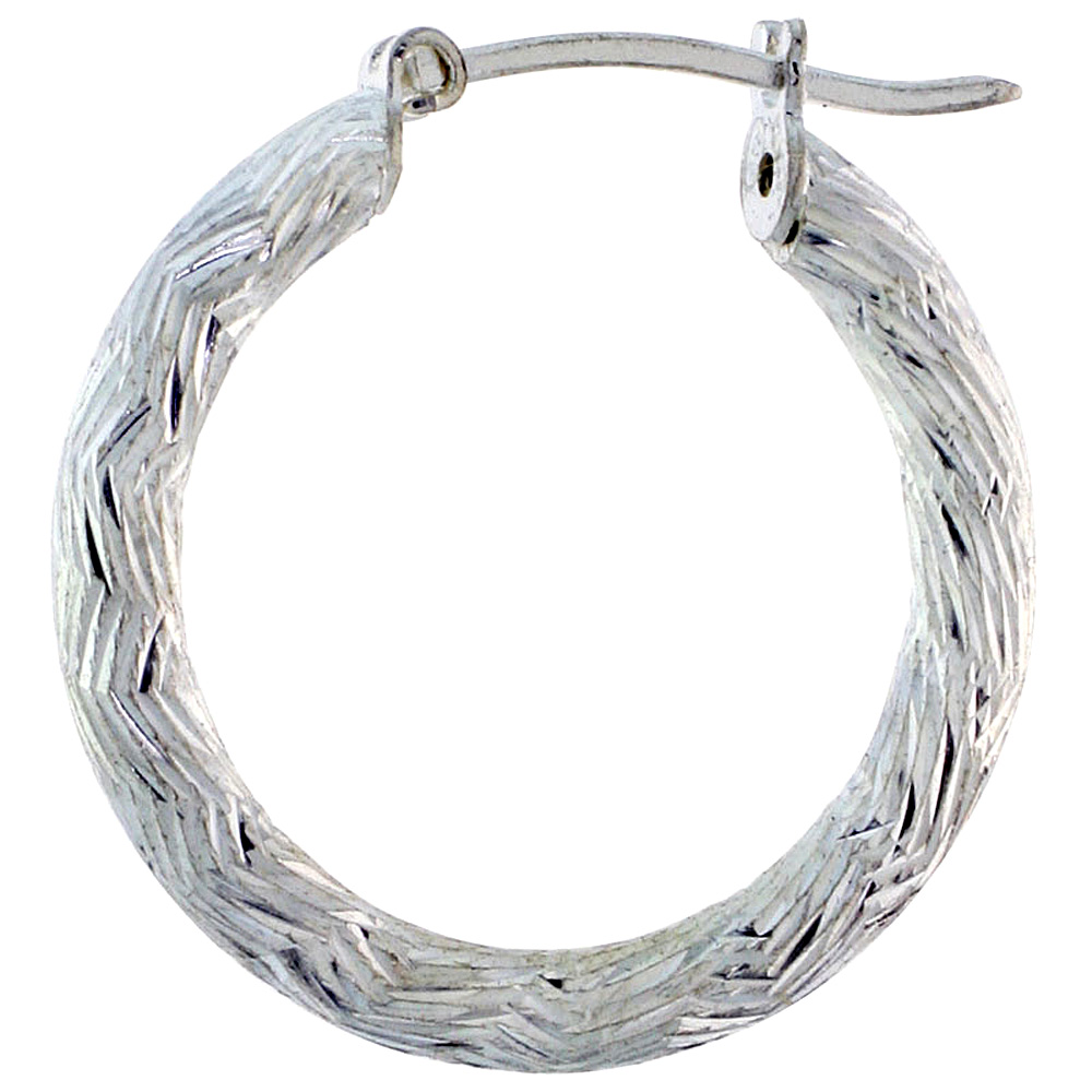 Sterling Silver 7/8 inch Diamond Cut Hoop Earrings for Women 3mm Tube Long Zigzag Pattern 22mm Round Italy