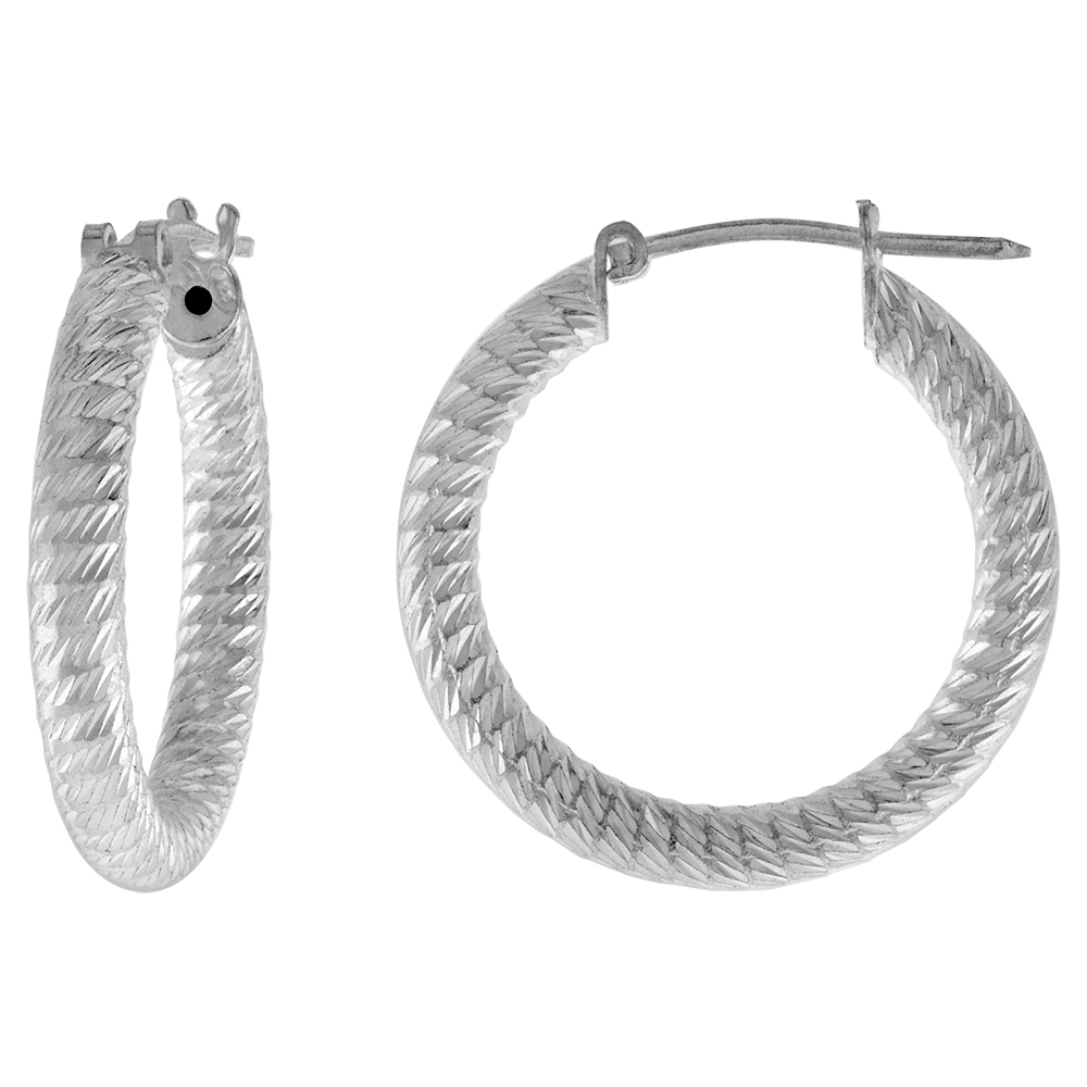 Sterling Silver 7/8 inch Diamond Cut Hoop Earrings for Women 3mm Tube Deep Spiral Design 22mm Round Italy