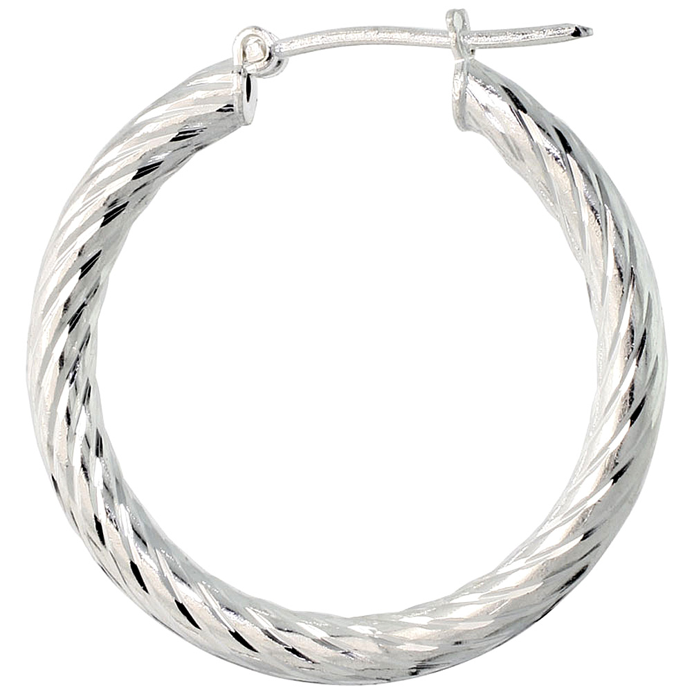 Sterling Silver 1 inch Diamond Cut Hoop Earrings for Women 3mm Tube Deep Cut Spiral Pattern 25mm Round Italy