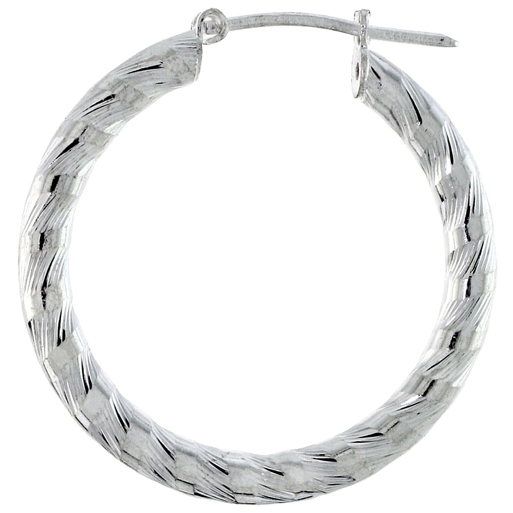 Sterling Silver 1 inch Diamond Cut Hoop Earrings for Women 3mm Tube Close Spiral Pattern 25mm Round Italy
