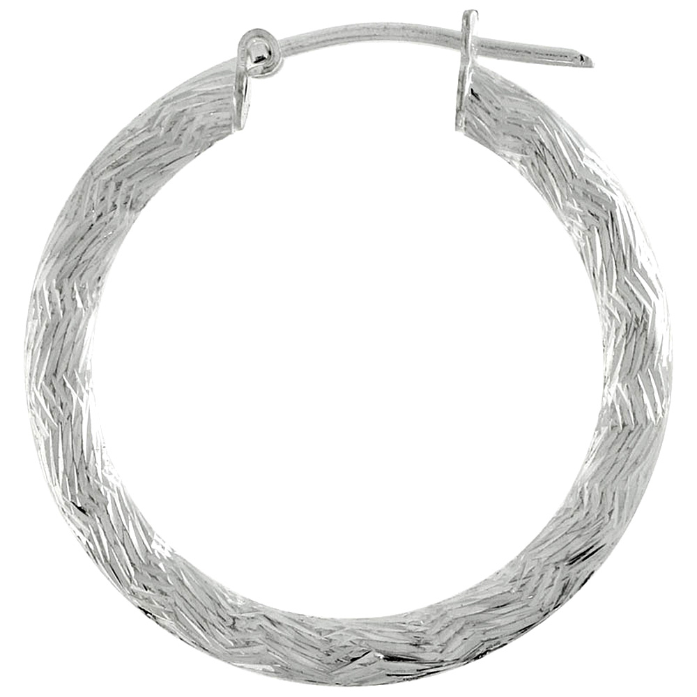 Sterling Silver 1 inch Diamond Cut Hoop Earrings for Women 3mm Tube Long Zigzag Pattern 25mm Round Italy