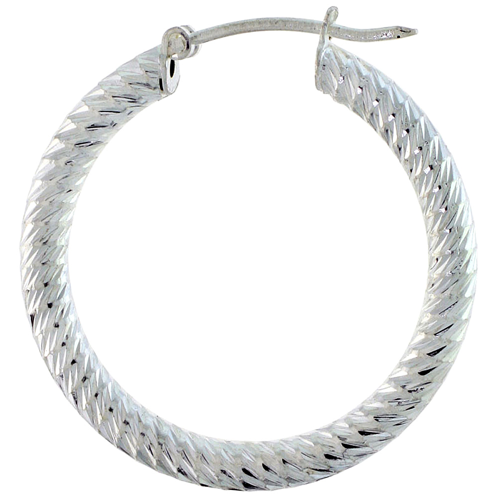 Sterling Silver 1 inch Diamond Cut Hoop Earrings for Women 3mm Tube Deep Spiral Design 25mm Round Italy