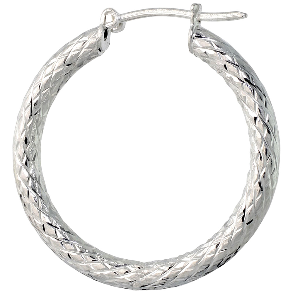 Sterling Silver 1 inch Diamond Cut Hoop Earrings for Women 3mm TubeDouble Spiral Pattern 25mm Round Italy