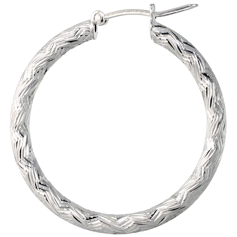 Sterling Silver 1 3/16 inch Diamond Cut Hoop Earrings for Women 3mm Tube Long Zigzag Pattern 30mm Round Italy