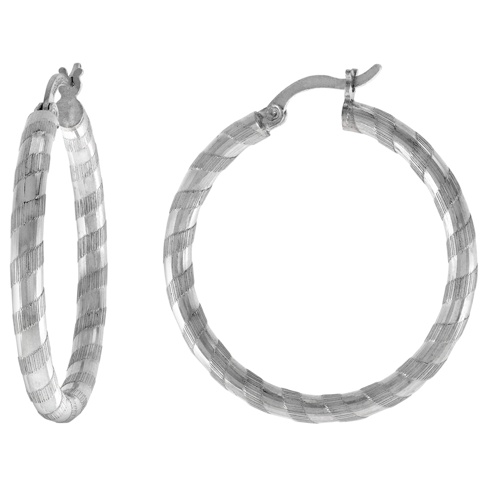 Sterling Silver 1 3/8 inch Diamond Cut Hoop Earrings for Women 3mm Tube Candy Stripe Pattern 35mm Round Italy