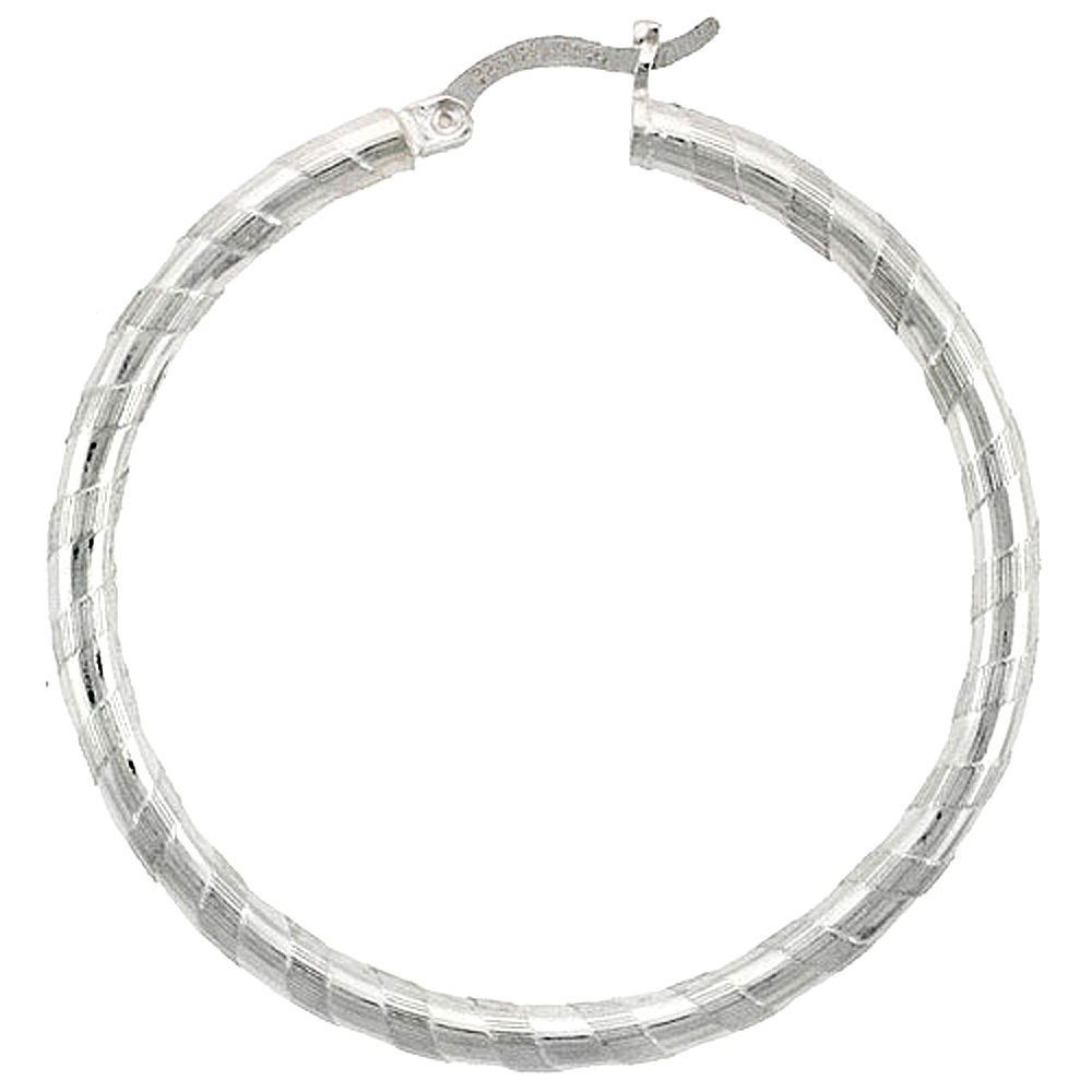 Sterling Silver 1 1/2 inch Diamond Cut Hoop Earrings for Women 3mm Tube Candy Stripe Pattern 40mm Round Italy