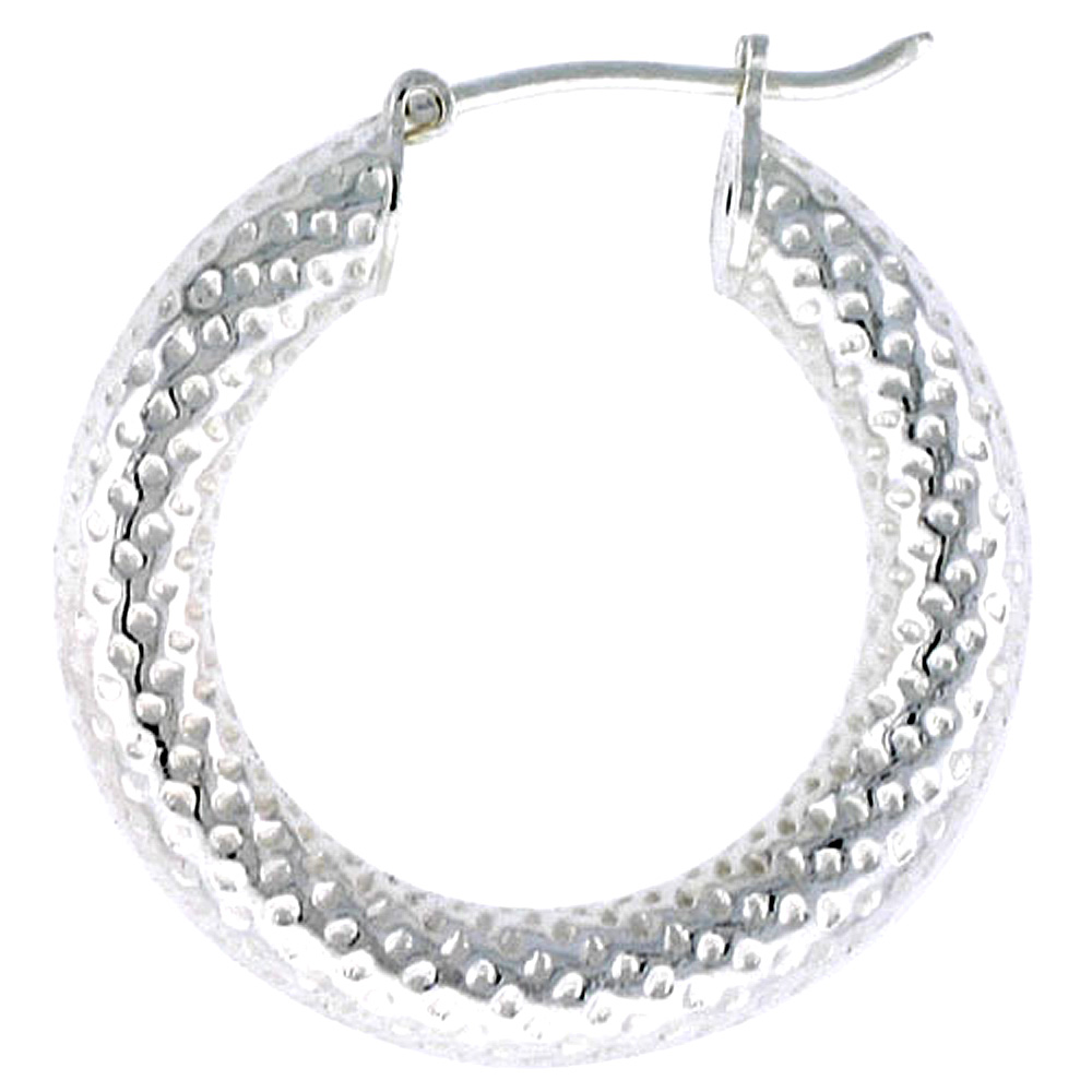 Small Sterling Silver 3/4 inch Textured Hoop Earrings for Women Click Top Polka Dot Pattern Thick 4.5mm Tube 21mm Round Italy