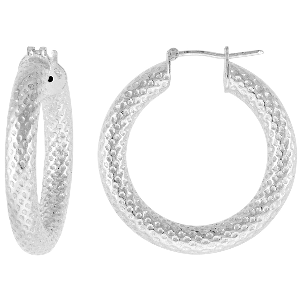 Sterling Silver 1 1/8 inch Textured Hoop Earrings for Women Click Top Polka Dot Pattern Thick 4.5mm Tube 28mm Round Italy