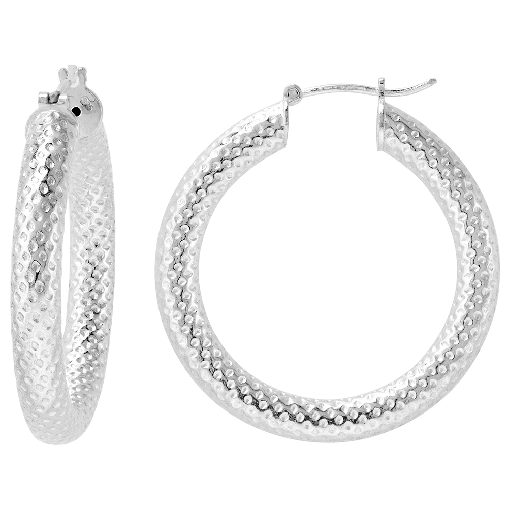 Sterling Silver 1 1/4 inch Textured Hoop Earrings for Women Click Top Polka Dot Pattern Thick 4.5mm Tube 33mm Round Italy
