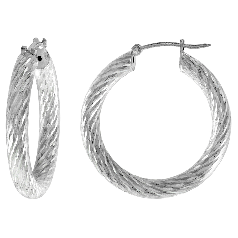 Sterling Silver 1 3/16 inch Diamond Cut Hoop Earrings for Women 4mm Tube Deep Cut Spiral Pattern 30mm Round Italy