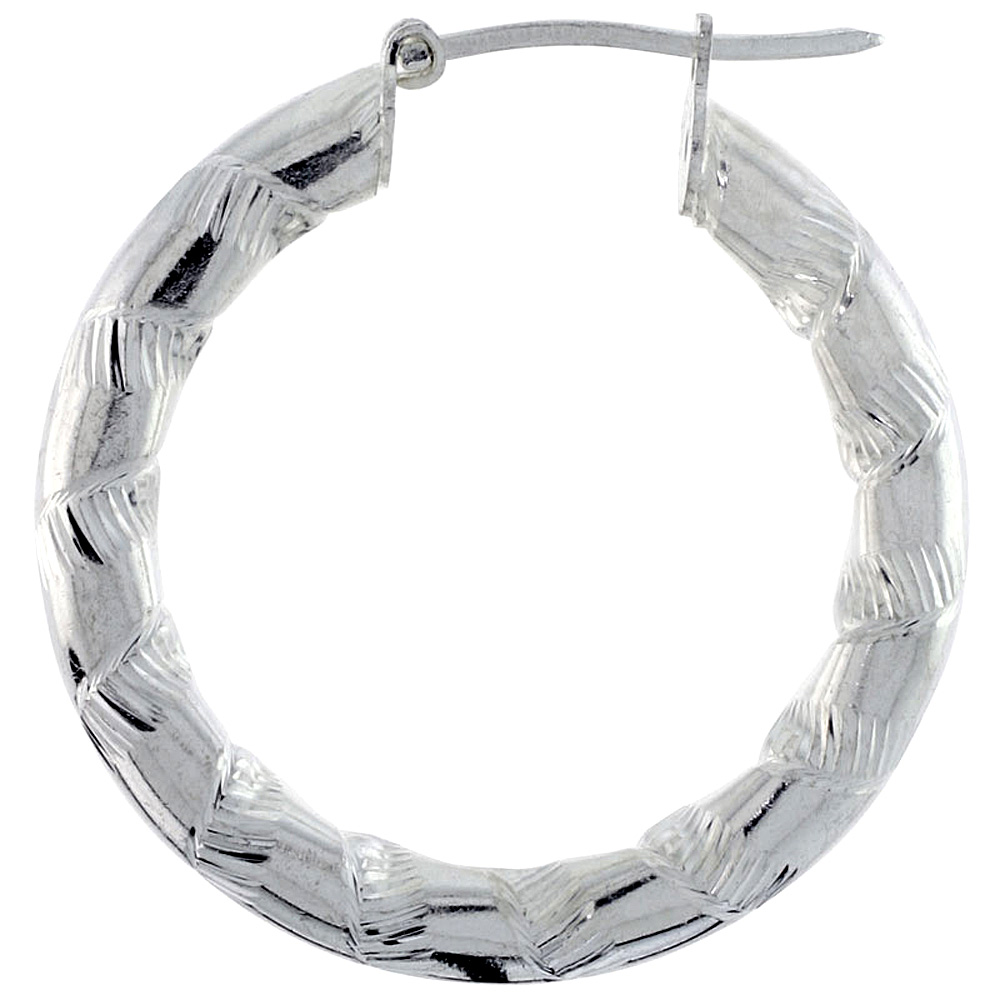 Sterling Silver 1 3/16 inch Diamond Cut Hoop Earrings for Women 4mm Tube Open Spiral Pattern 30mm Round Italy