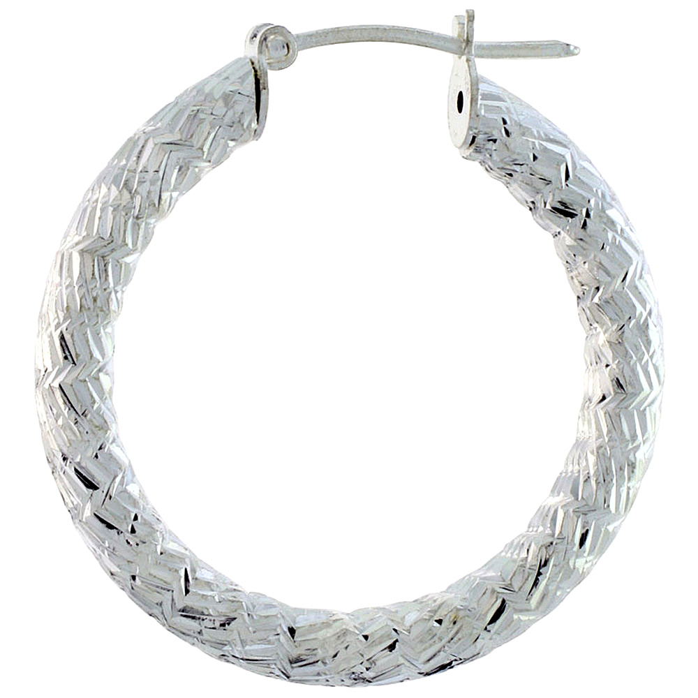 Sterling Silver 1 3/16 inch Diamond Cut Hoop Earrings for Women 4mm Tube Short Zigzag Pattern 30mm Round Italy