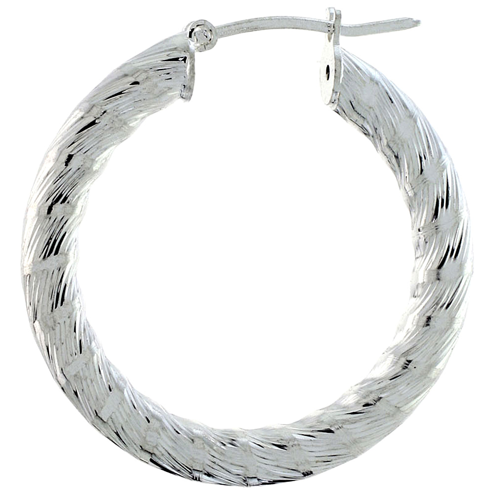 Sterling Silver 1 3/16 inch Diamond Cut Hoop Earrings for Women 4mm Tube Close Spiral Pattern 30mm Round Italy