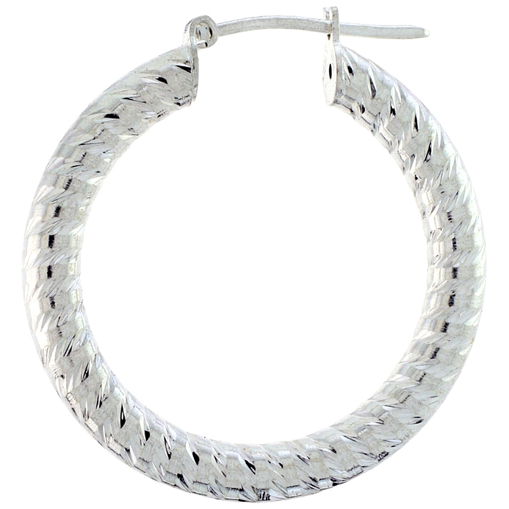 Sterling Silver 1 3/16 inch Diamond Cut Hoop Earrings for Women 4mm Tube Spiral Groove Pattern 30mm Round Italy
