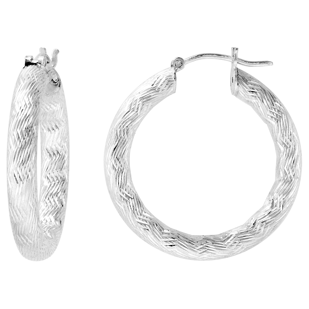 Sterling Silver 1 3/16 inch Diamond Cut Hoop Earrings for Women 4mm Tube Long Zigzag Pattern 30mm Round Italy