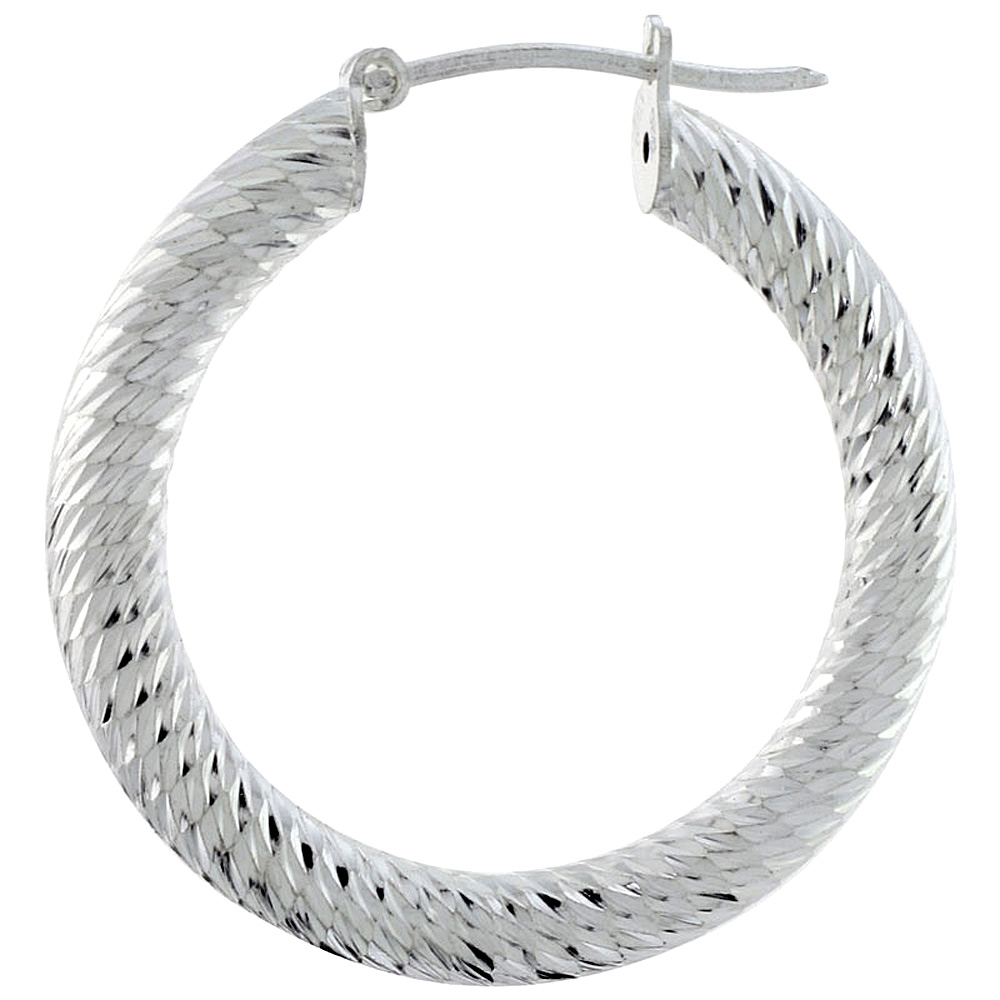 Sterling Silver 1 3/16 inch Diamond Cut Hoop Earrings for Women 4mm Tube Deep Spiral Design 30mm Round Italy