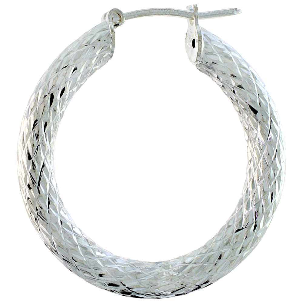 Sterling Silver 1 3/16 inch Diamond Cut Hoop Earrings for Women 4mm TubeDouble Spiral Pattern 30mm Round Italy