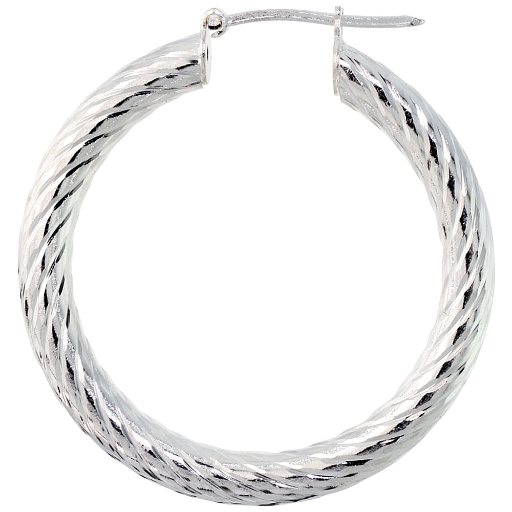 Sterling Silver 1 3/8 inch Diamond Cut Hoop Earrings for Women 4mm Tube Deep Cut Spiral Pattern 35mm Round Italy