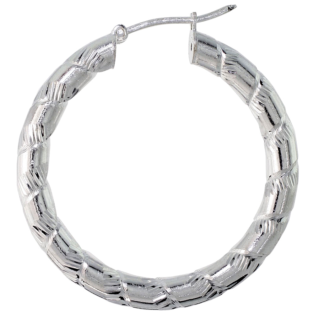 Sterling Silver 1 3/8 inch Diamond Cut Hoop Earrings for Women 4mm Tube Open Spiral Pattern 35mm Round Italy