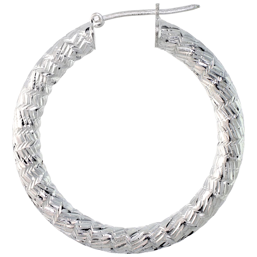 Sterling Silver 1 3/8 inch Diamond Cut Hoop Earrings for Women 4mm Tube Short Zigzag Pattern 35mm Round Italy